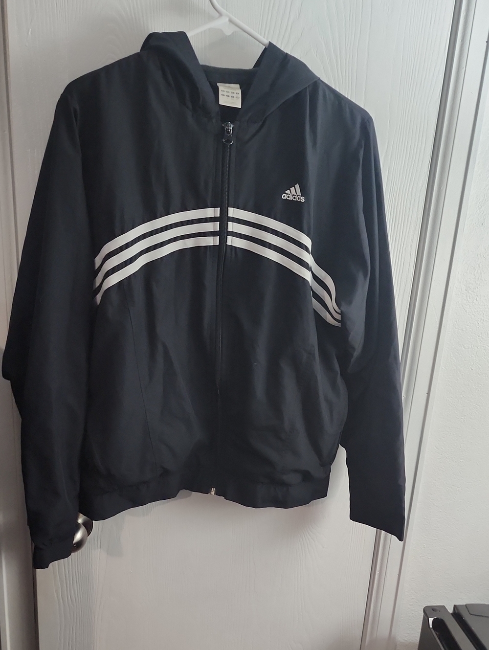 adidas Black Hooded Windbreaker with White Three-Stripe Accents